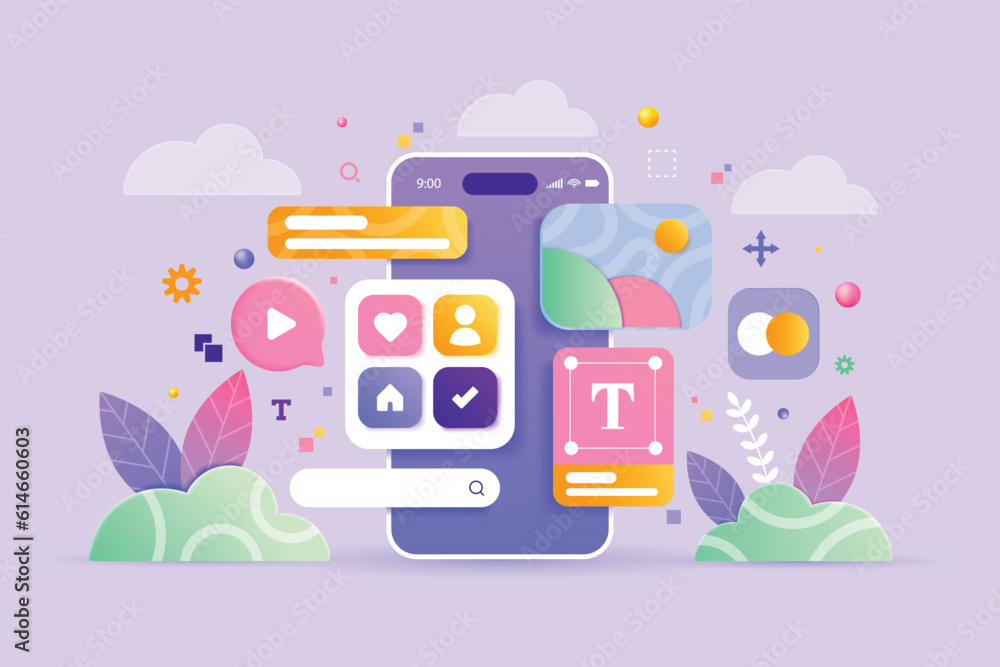 Poster mobile application, software and web development with 3d shapes, bar chart, infographic on pink back
