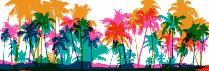 Palm tree silhouettes. Colorful tropical lanscape. Vector horisontal border. - obrazy, fototapety, plakaty