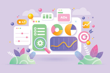 Online marketing, financial report chart, data analysis, and web development concept. SEO Optimization, web analytics and seo marketing social media concept. 3d vector illustration