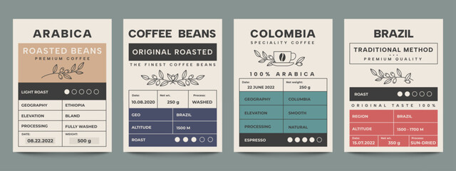 Coffee label. Packaging banner with minimalist arabica stamp, simple branding frame with coffee quality sticker layout design. Vector set - obrazy, fototapety, plakaty