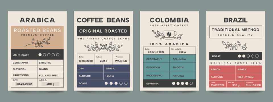 Coffee label. Packaging banner with minimalist arabica stamp, simple branding frame with coffee quality sticker layout design. Vector set