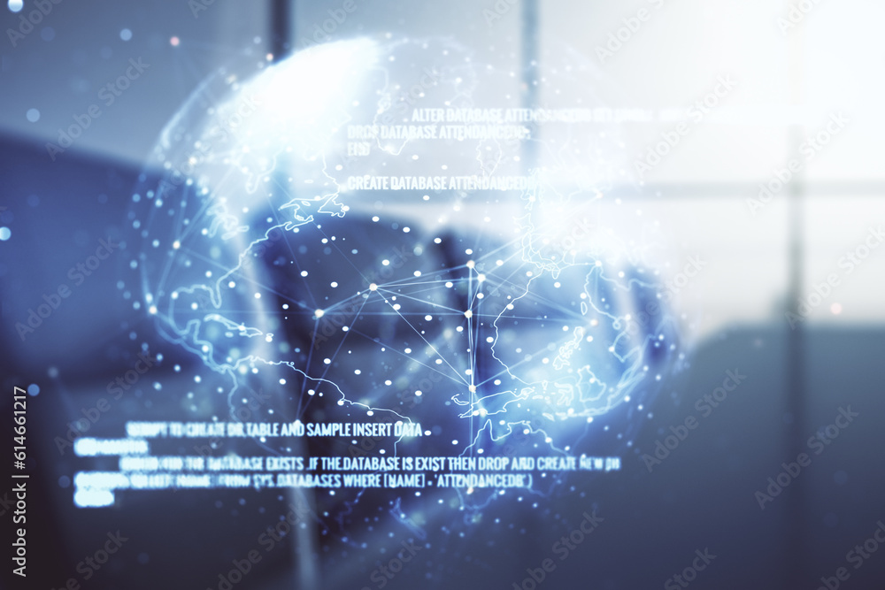 Poster multi exposure of abstract programming language hologram and world map on a modern furnished office 