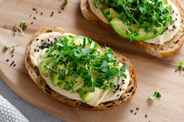 Avocado Hummus Toast with Sprouts, Healthy Snack, Breakfast, Vegetarian Meal