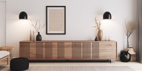 Modern composition of living room interior with wooden sideboard created with generative ai tools