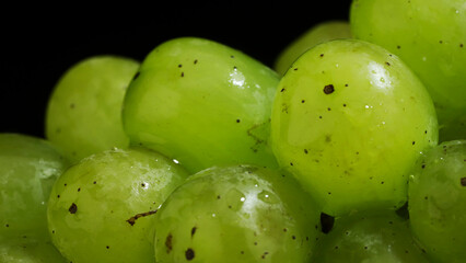 Close up of  bunch of green grapes with water drops on black background