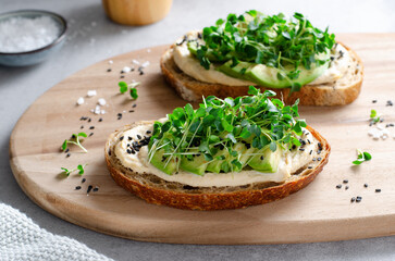Avocado Hummus Toast with Sprouts, Healthy Snack, Breakfast, Vegetarian Meal