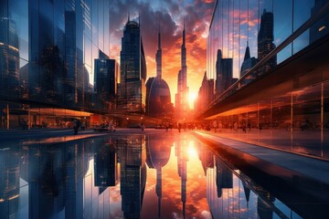 A futuristic cityscape with towering buildings made entirely of glass, reflecting a breathtaking sunset. Generative AI