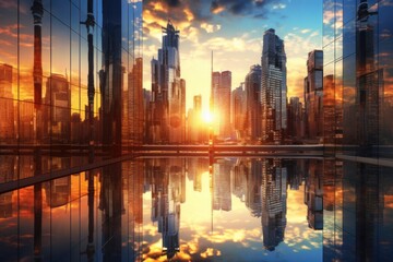 Fototapeta na wymiar A futuristic cityscape with towering buildings made entirely of glass, reflecting a breathtaking sunset. Generative AI