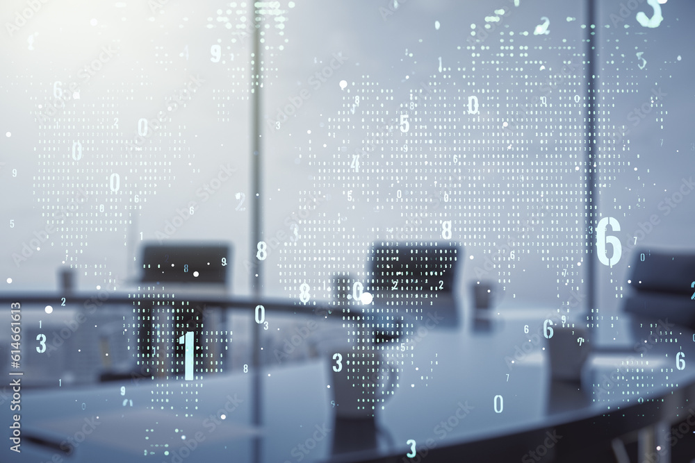 Aufkleber abstract virtual coding concept and world map hologram on a modern conference room background. multi