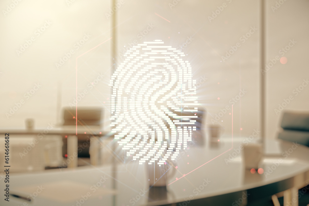 Aufkleber multi exposure of virtual fingerprint scan interface on a modern furnished office interior backgroun
