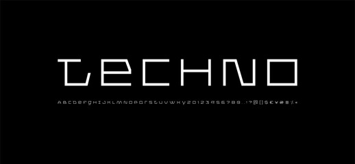 Tech thin font, digital cyber alphabet, trendy modern Latin letters and Arab numerals for you design user interface or brand name or logo, vector illustration 10EPS