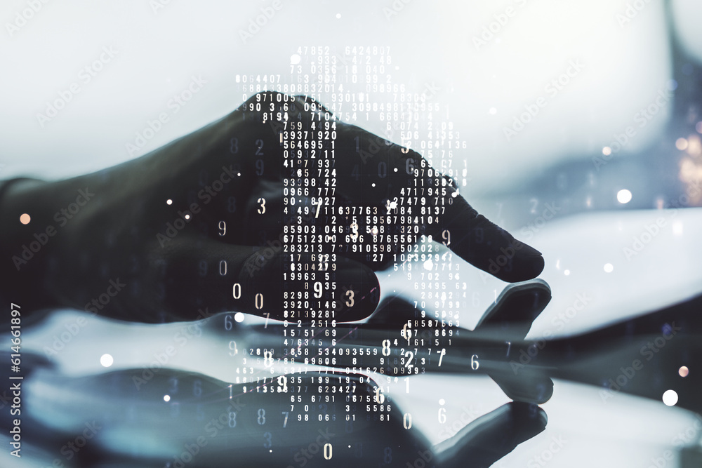 Poster double exposure of creative bitcoin symbol hologram and hand working with a digital tablet on backgr