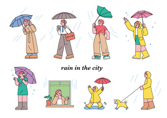 People on the street on a rainy day. Simple flat design style illustration with outlines.