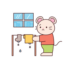 Rainy day. A mouse that is sad because the laundry is not dry. Simple flat design style illustration with outlines.