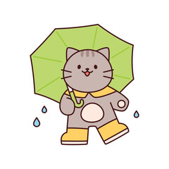 Rainy day. The kitten is having fun wearing an umbrella and wearing boots. Simple flat design style illustration with outlines.