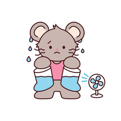 Rainy day. A mouse that is sad because its shoe is wet. Simple flat design style illustration with outlines.