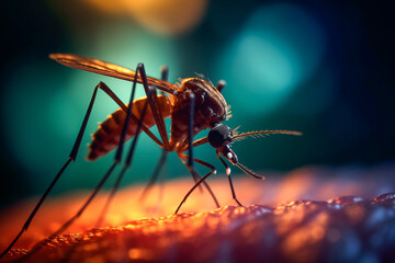 Macro photography of a mosquito biting a person - obrazy, fototapety, plakaty