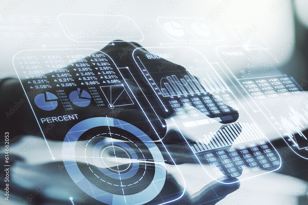 Poster Multi exposure of abstract statistics data hologram interface and hand working with a digital tablet on background, computing and analytics concept