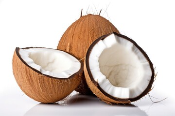 Coconut and Coconut half with coconut leaves on white background. Generative ai