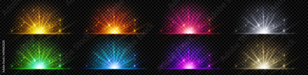 Poster color explode glow with light ray and shine vector effect. magic burst beam with flare and sparkle p