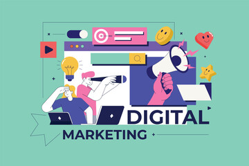 Trendy Illustration of Digital marketing concept. Social network and media communication. SEO, SEM and promotion. Vector Illustration
