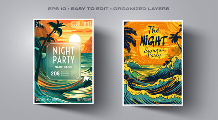 Set poster for night party.Flyer design template.Set flyer for dance club party.Concept design for banner.Layout invitation.Layout cover booklet.Sea or ocean waves.Vector wallpaper.Poster template.