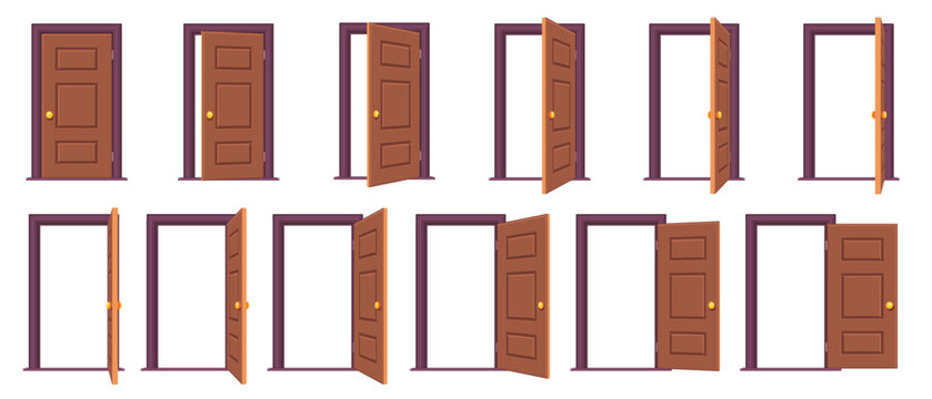 Open door sequence. Cartoon steps for animation of entrance and exit through door, white frames for sprite game asset. Vector isolated set
