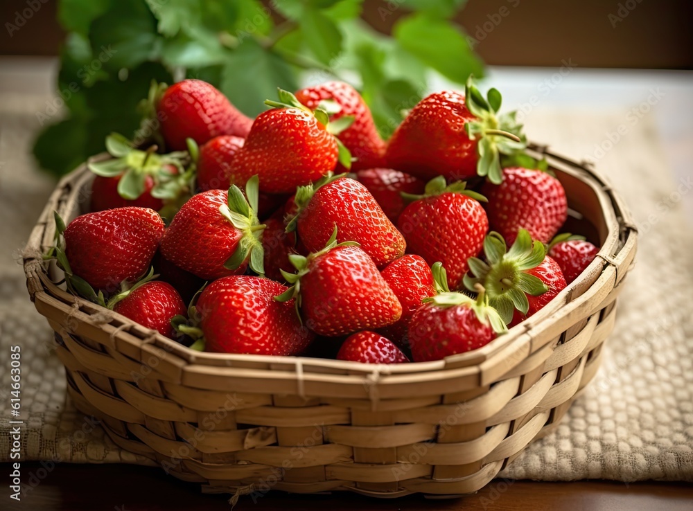 Aufkleber fresh ripe strawberries in wicker basket created with generative ai technology.