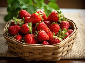 Fresh ripe strawberries in wicker basket created with Generative AI technology.
