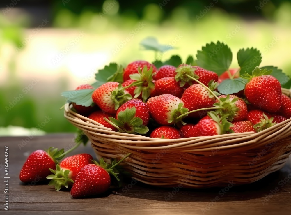 Poster fresh ripe strawberries in wicker basket created with generative ai technology.