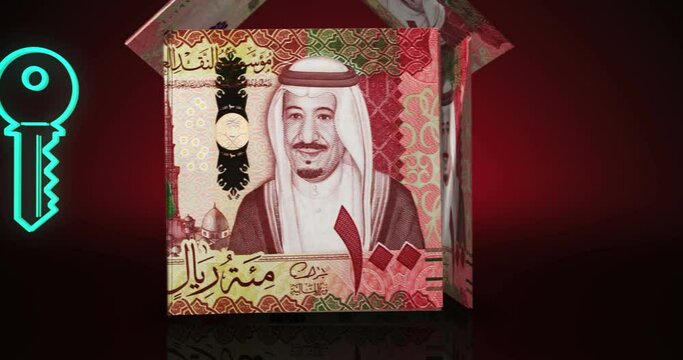 Saudi Arabia Rial 100 SAR money banknotes paper house on the table with key and family icon. Saudi Arabia currency notes 3D concept of home mortgage loan, liabilities and real estate wealth financing.