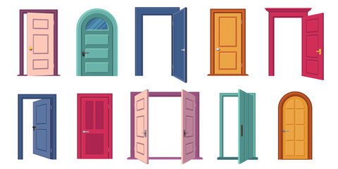 Open and closed door collection. Cartoon entrance and exit doors with handles and frames, home exterior architecture concept. Vector set - obrazy, fototapety, plakaty