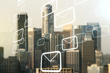 Double exposure of abstract virtual postal envelopes hologram on Los Angeles city skyscrapers background. Electronic mail and spam concept
