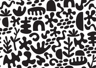 Naklejka na ściany i meble Vector black and white geometric seamless pattern. Abstract simple doodle style art background with soft geometric shapes. 