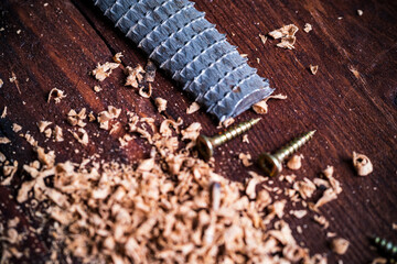 working tool rasp, drill shavings. wood processing concept