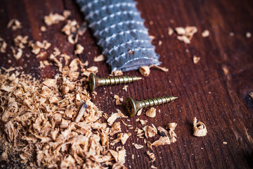 working tool rasp, drill shavings. wood processing concept