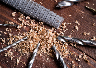 working tool rasp, drill shavings. wood processing concept