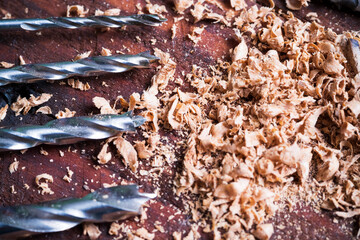 working tool rasp, drill shavings. wood processing concept