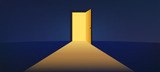 Open door concept. Waiting room lobby entrance with gate and corridor, welcome home entrance concept. Vector illustration