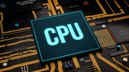 CPU on the computer motherboard. Close-up main processor with transistor, inductor, relays and random access memory. Computer technology and integrated circuit concept. 3D illustration - obrazy, fototapety, plakaty
