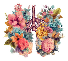 illustration of human lungs and bacteria infect the organ in neon colors