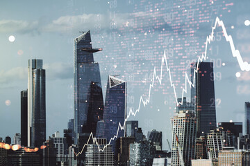 Double exposure of abstract creative financial chart hologram and world map on New York city skyscrapers background, research and strategy concept