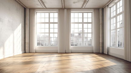 Empty room interior with big windows, wooden floor and white walls,  mockup, interior design template, generative ai
