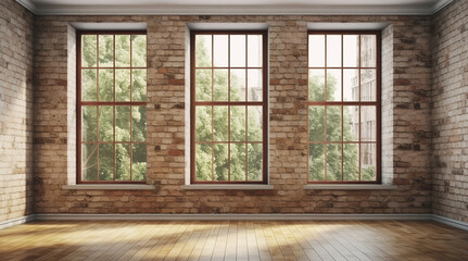 Empty room interior with big windows, brick walls, and wooden floor, mockup, interior design template, generative ai