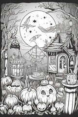 Spooky Coloring Fun: Dive into a Halloween-themed coloring book adventure in black and white. Generative AI.