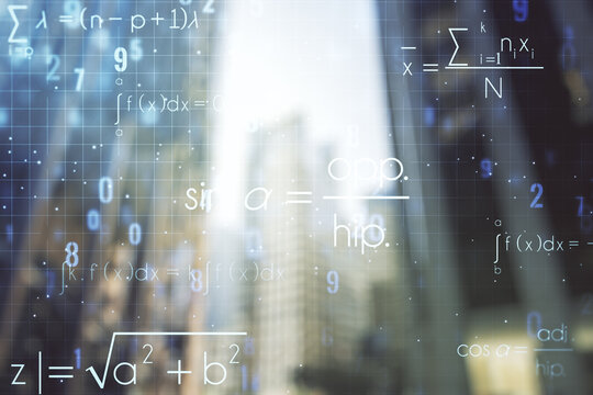 Double exposure of scientific formula hologram on modern skyscrapers background, research and development concept