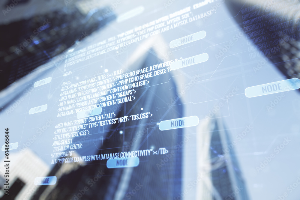 Aufkleber multi exposure of abstract creative coding sketch on office buildings background, artificial intelli
