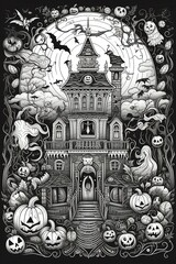 Spooky Coloring Fun: Dive into a Halloween-themed coloring book adventure in black and white. Generative AI.