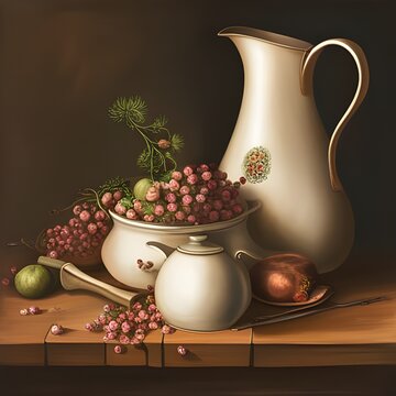 Cream decorative jug with pot and dried flowers on a shelf
