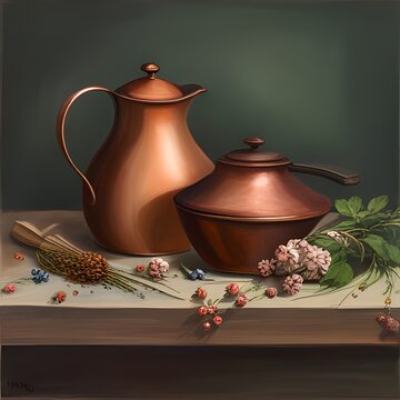 Copper jug and a pot with flowers on a shelf